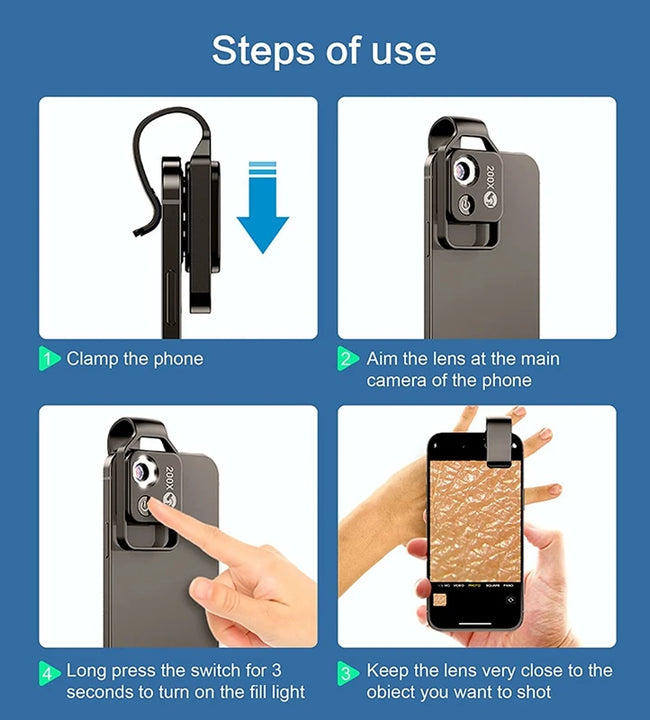 200X Cell Phone Microscope Accessory With CPL Lens, Portable Mini Digital Microscope With LED Light/Universal Clip