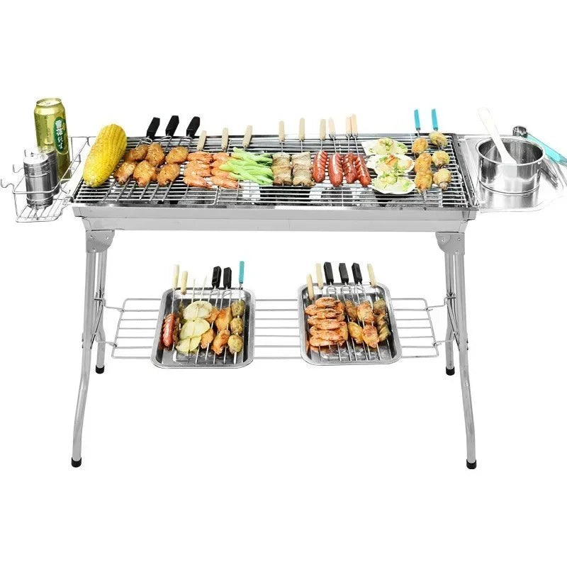 Household Barbecue Outdoor Thickened Stainless Steel Grill BBQ Wood Charcoal Grill Portable Folding Grill Barbecue Appliances