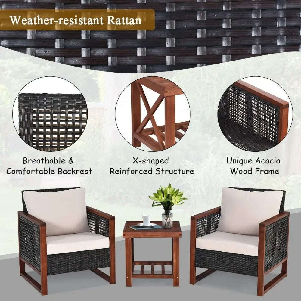 3 Pieces Patio Wicker Furniture Set, Rattan Outdoor Sofa Set w/Washable Cushion & Acacia Wood Coffee Table, for Garden Backyard