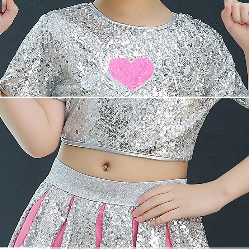 flicker Sequin Short Sleeve Pink Women Cheerleading Costume Girl Jazz Dance Hip Hop Cheerleader Uniform Competition Performance