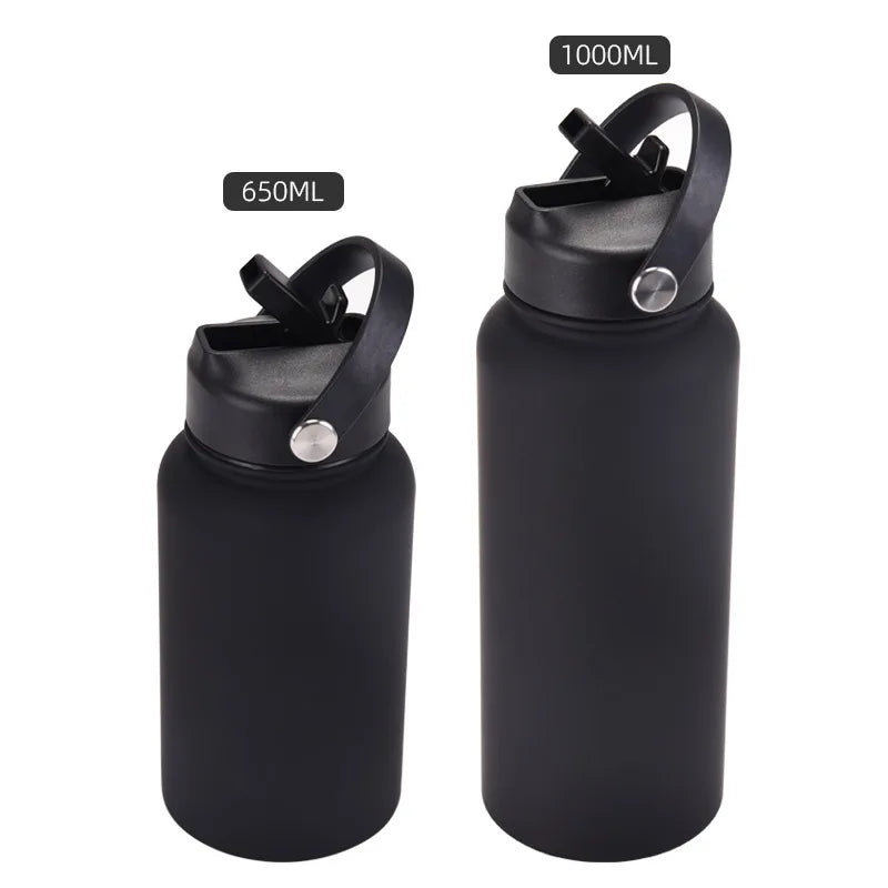 650ml Sports Water Bottle Portable Carry Handle with Straw Mug Stainless Steel American Large Mouth Insulated Thermos Bottle