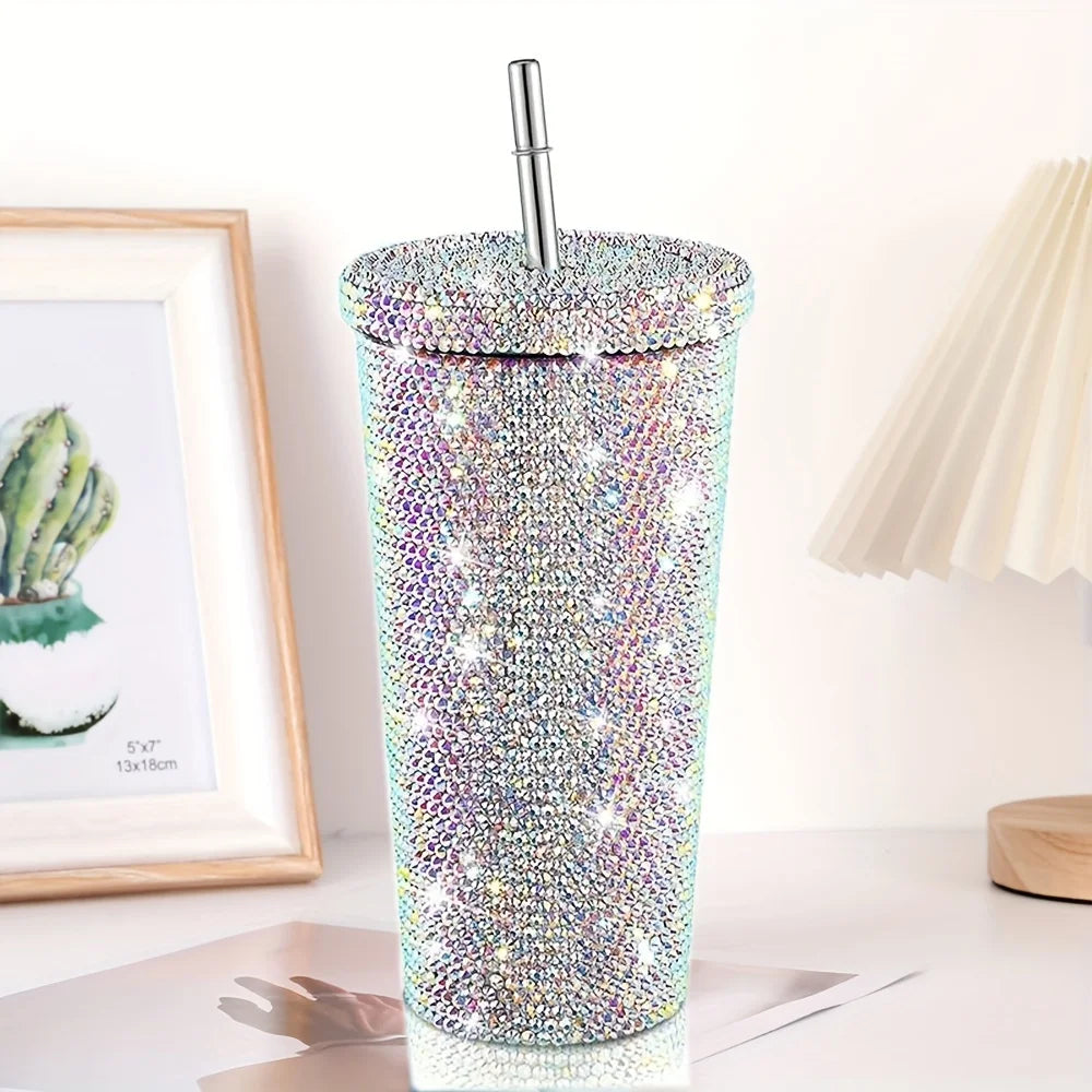 1pc Sparkling Studded Tumbler With Lid And Straw 16.9oz Stainless Steel Water Bottle Shiny Glitter Insulated Water Cup Drinkware