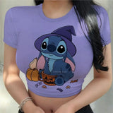 Sexy Kawaii Print Female Clothing Cartoon Y2k Party Stitch Summer Crop Top Slim Fit T Shirt Tight Women's T-shirt Fashion Disney