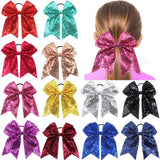 12Pcs 7.5" Bling Sparkly Glitter Sequins Pigtail Bows for kid Girls Large cheerleading bows Ponytail Holder Elastic Hair Ties