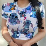 Sexy Kawaii Print Female Clothing Cartoon Y2k Party Stitch Summer Crop Top Slim Fit T Shirt Tight Women's T-shirt Fashion Disney