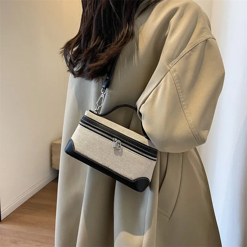 High quality canvas women's box shoulder bag on sale 2024 new zipper patchwork sewing thread makeup bag fashion crossbody bag