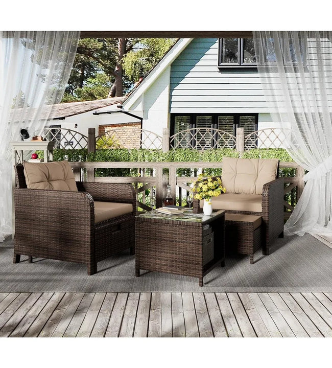 Garden Furniture Set 5 Piece, Wicker Rattan Lounge Chairs with Soft Cushions 2 Ottoman&Glass Table, Patio Conversation Set