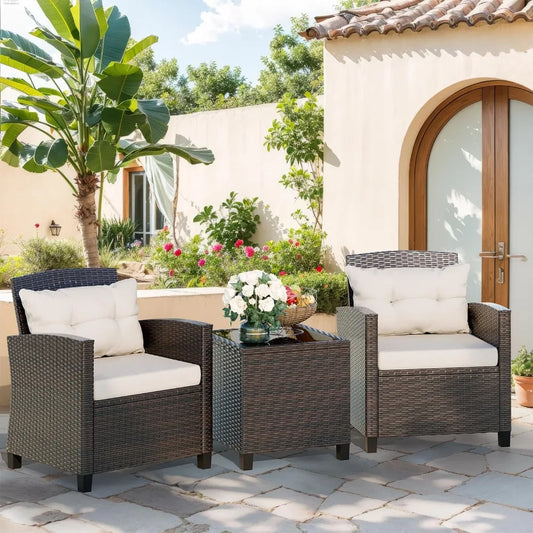 Patio Furniture Outdoor Set, 3 Piece, Wicker Rattan Front Porch Bistro Set, Patio Chairs Set with Table, Outdoor Furniture