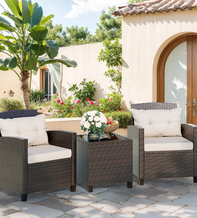 Patio Furniture Outdoor Set, 3 Piece, Wicker Rattan Front Porch Bistro Set, Patio Chairs Set with Table, Outdoor Furniture