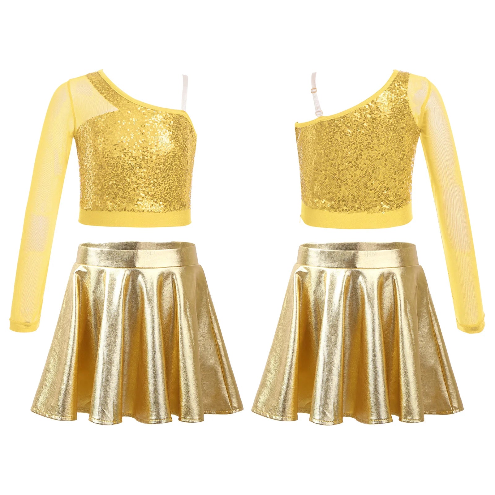 Kids Girls Hip Hop Jazz Dance Cheerleading Performance Costume Sheer Mesh One Shoulder Shiny Sequin Crop Top with Metallic Skirt