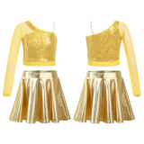 Kids Girls Hip Hop Jazz Dance Cheerleading Performance Costume Sheer Mesh One Shoulder Shiny Sequin Crop Top with Metallic Skirt