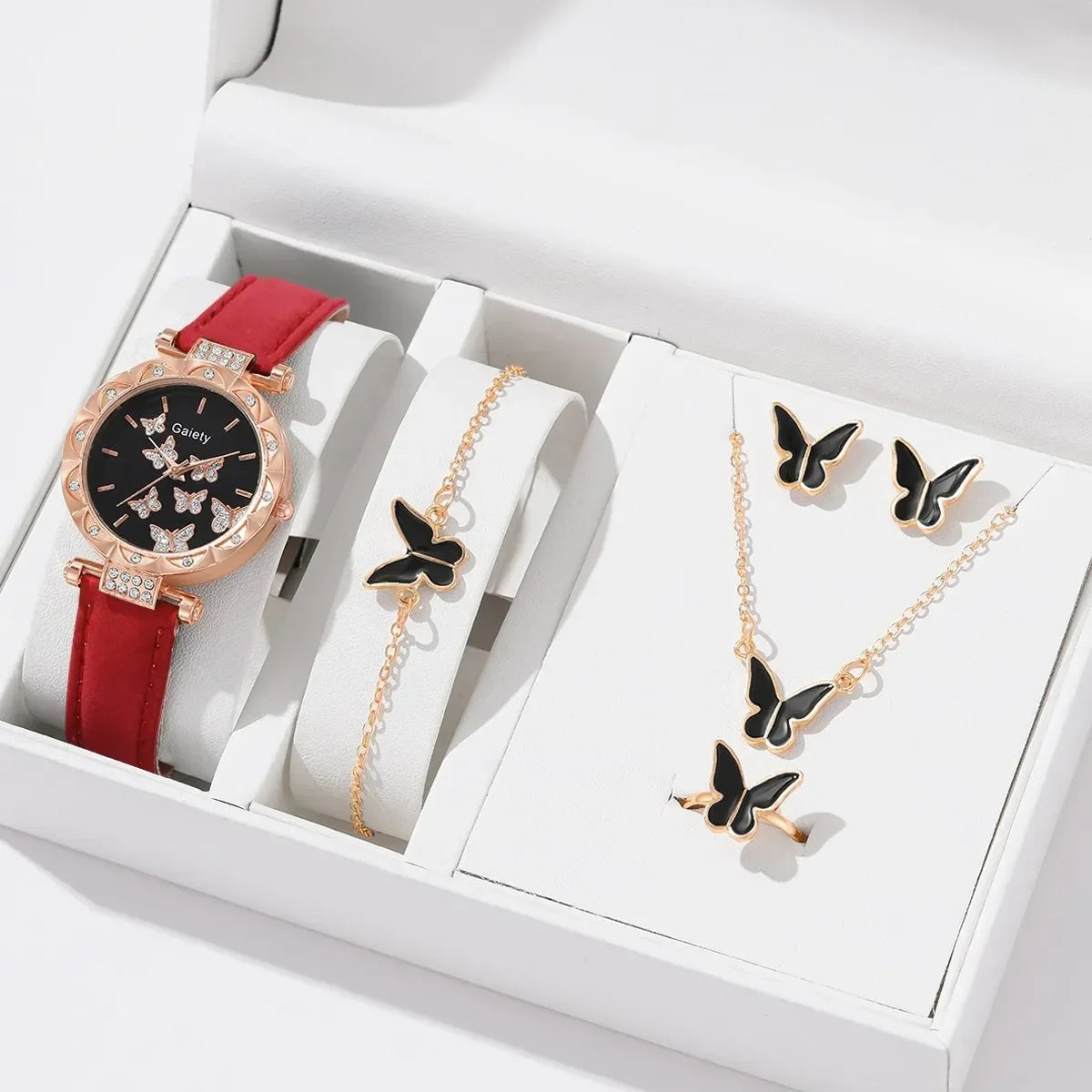 6/1pcs Set Women Watch Ring Necklace Earrings Bracelet Set Watches Butterfly Leather Strap Ladies Quartz WristWatch (No Box)