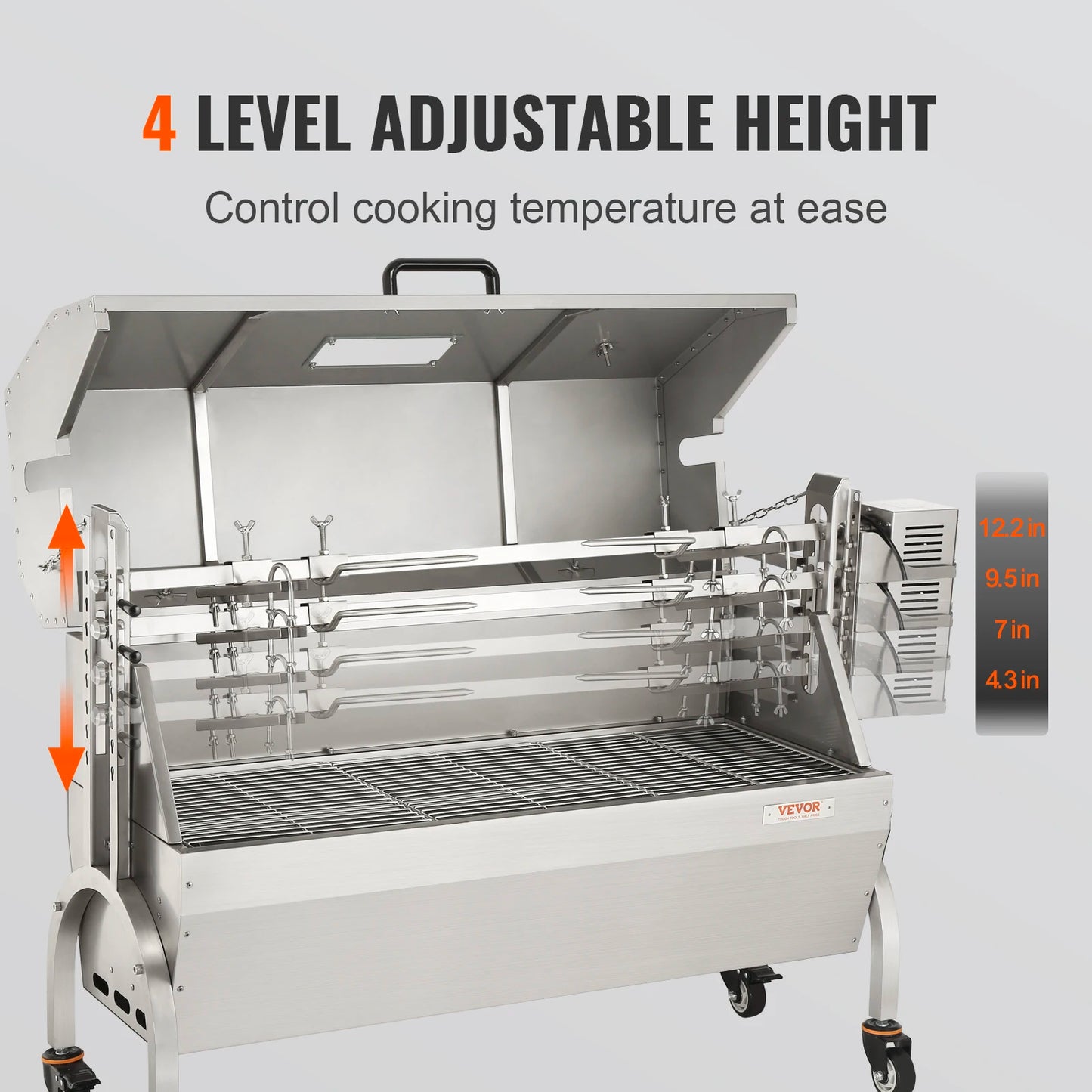 VEVOR Stainless Steel Rotisserie Grill / with Hooded Cover / with Windscreen, BBQ Whole Pig Lamb Goat Charcoal Spit Grill