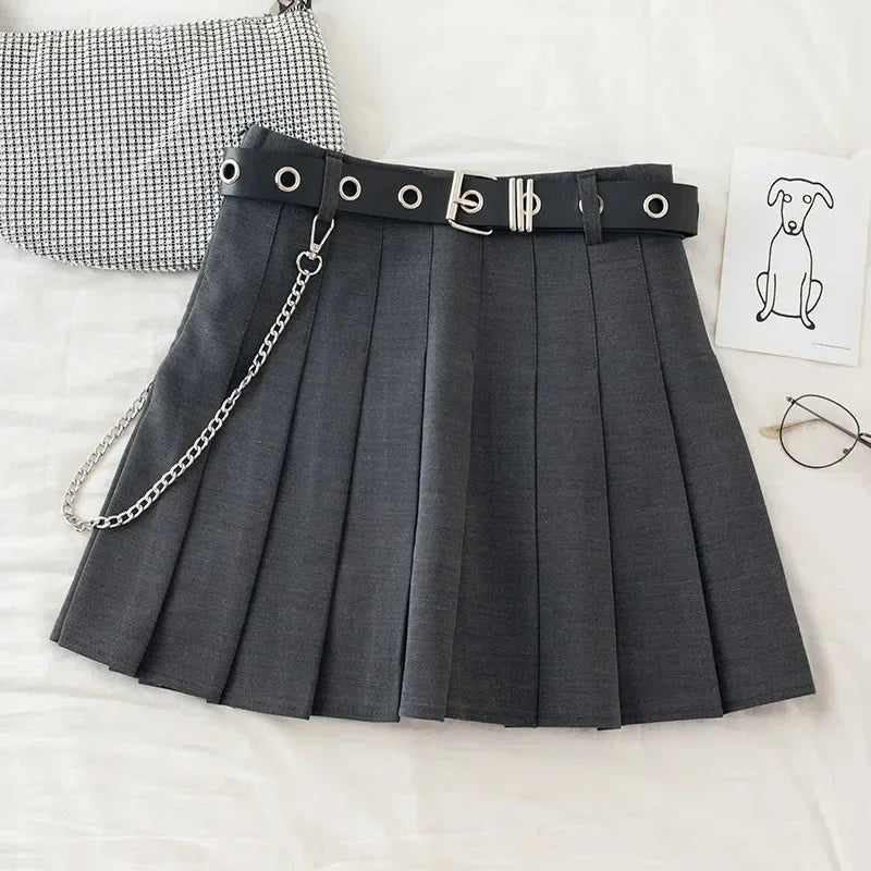 Punk Mini Skirt with Chain Belt Rock Girl Cheerleading Belted Pleated Skirt Alt Women Egirl Y2K Outfit