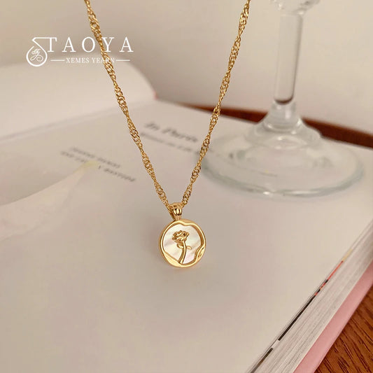 2023 New Irregular Round Shell Metal Rose Pendant Stainless Steel Necklace For Women's Sexy Neck Chain Party Luxury Jewelry