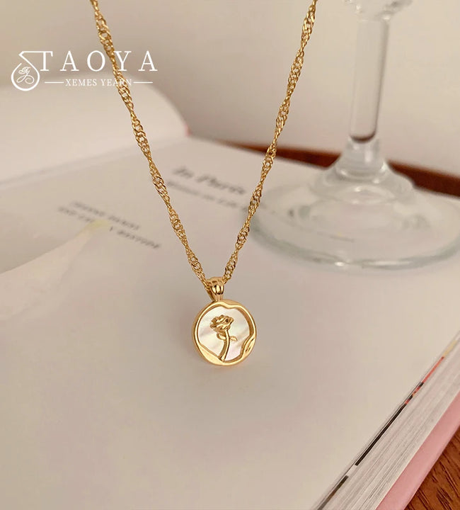 2023 New Irregular Round Shell Metal Rose Pendant Stainless Steel Necklace For Women's Sexy Neck Chain Party Luxury Jewelry