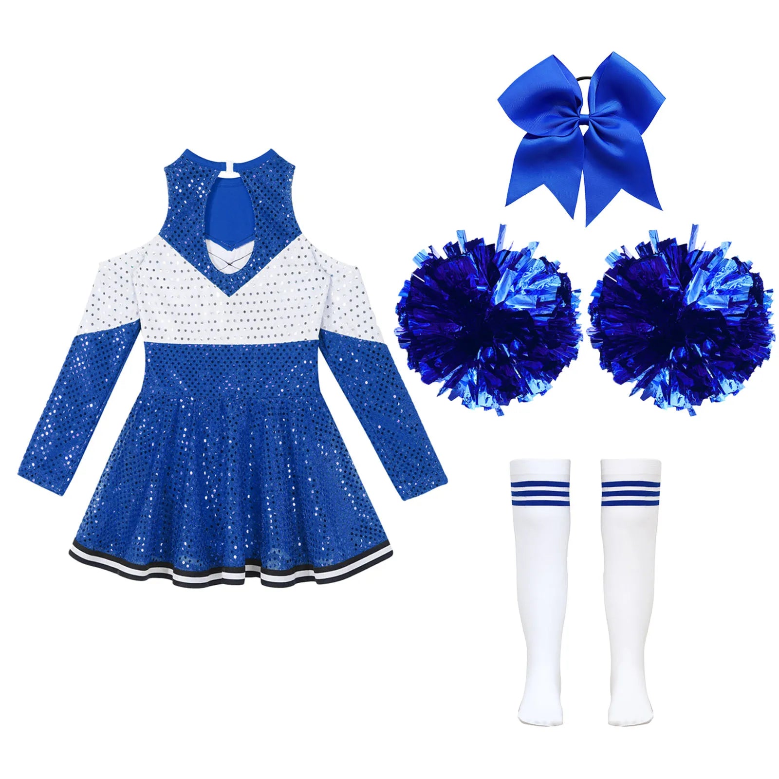 Cheer leader Costume Schoolgirl Dance Outfit for Kids Girls Sequin Cheerleading Uniform Dress with Pompom Socks Performance Suit