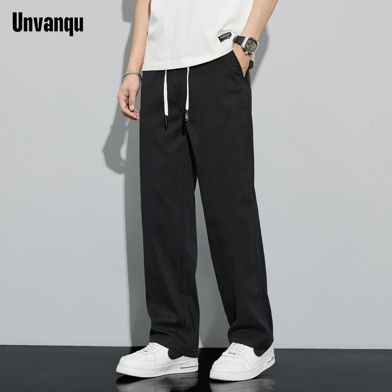 Unvanqu 2024 Spring Summer New Tencel Wide Leg Pants Men's Simple Versatile Casual Trousers Fashion Loose Straight Overalls Male