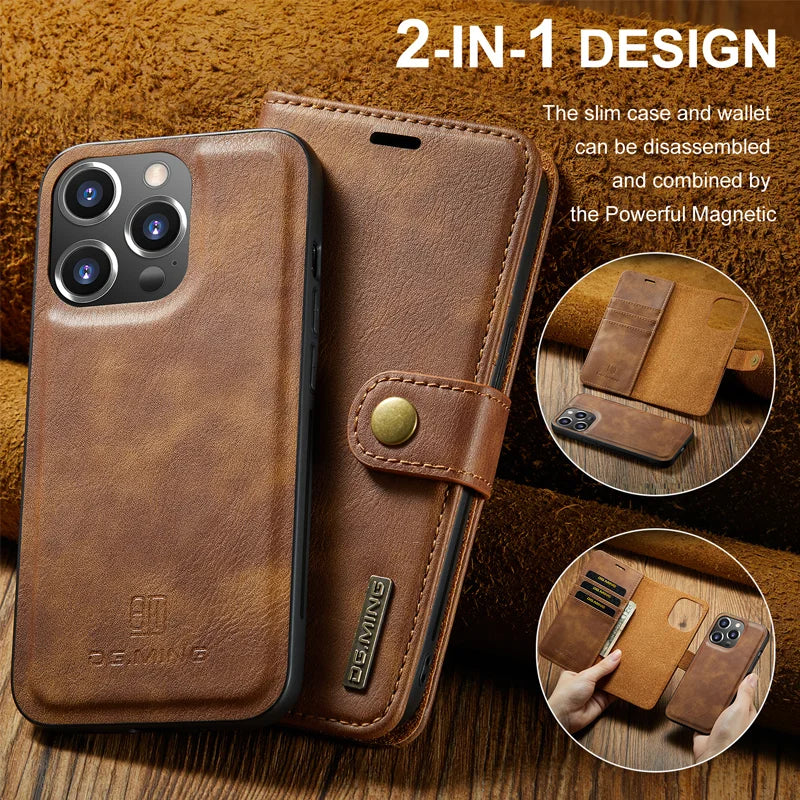 For iPhone 15 14Pro Max 13 12 11 Pro Max Plus XS X XR Deluxe removable magnetic wallet flip cover cell phone leather case