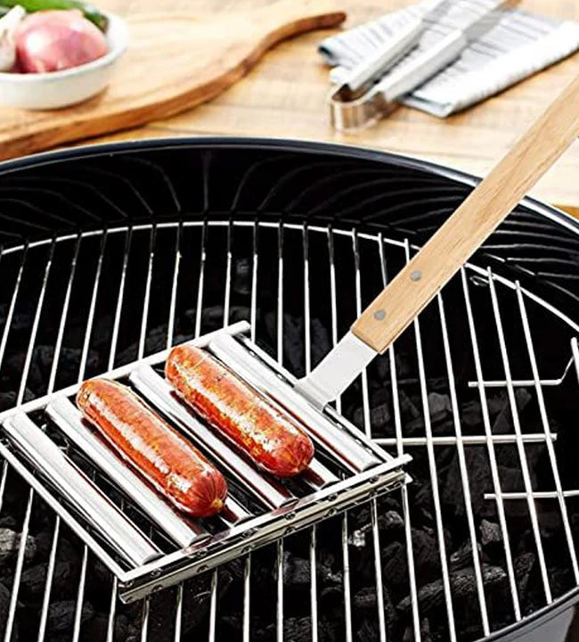 Hot Dog Roller Rack, Stainless Steel Outdoors BBQ Sausage Grill Pan With Long Wood Handle,New Barbecue Tools