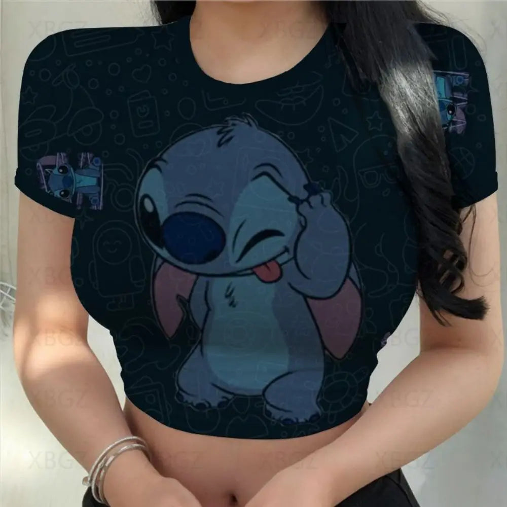 Sexy Kawaii Print Female Clothing Cartoon Y2k Party Stitch Summer Crop Top Slim Fit T Shirt Tight Women's T-shirt Fashion Disney