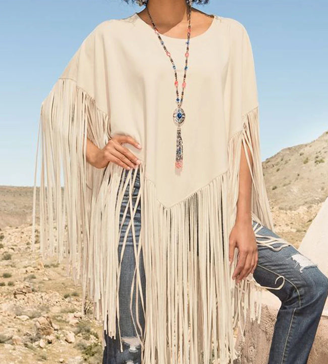 Women's Smock Top Crew Neck Fringed Solid Loose Asymmetric Hem Elegant Vintage Solid Casual Autumn Fashion Tassel Cape Top 2023