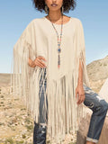 Women's Smock Top Crew Neck Fringed Solid Loose Asymmetric Hem Elegant Vintage Solid Casual Autumn Fashion Tassel Cape Top 2023