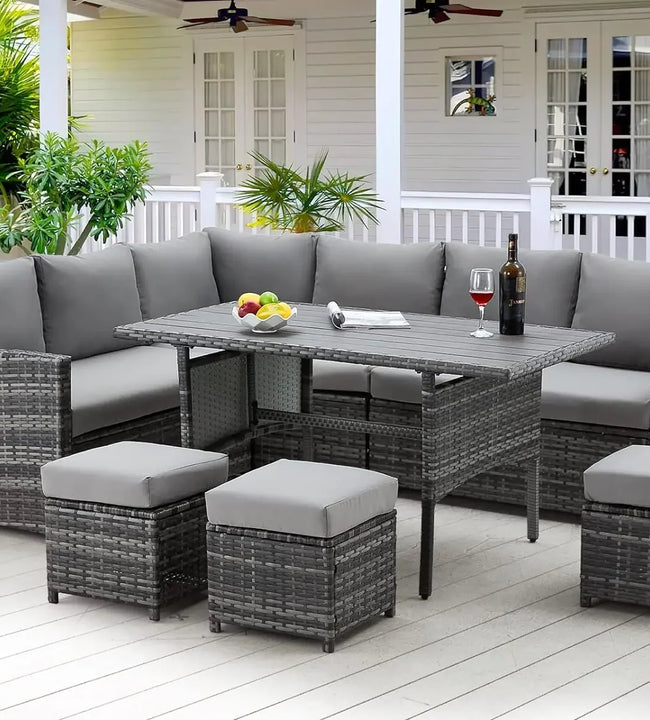 Patio Furniture Set 7 Pieces Outdoor Patio Furniture with Dining Table&Chair All Weather Wicker Conversation Set withOttoman