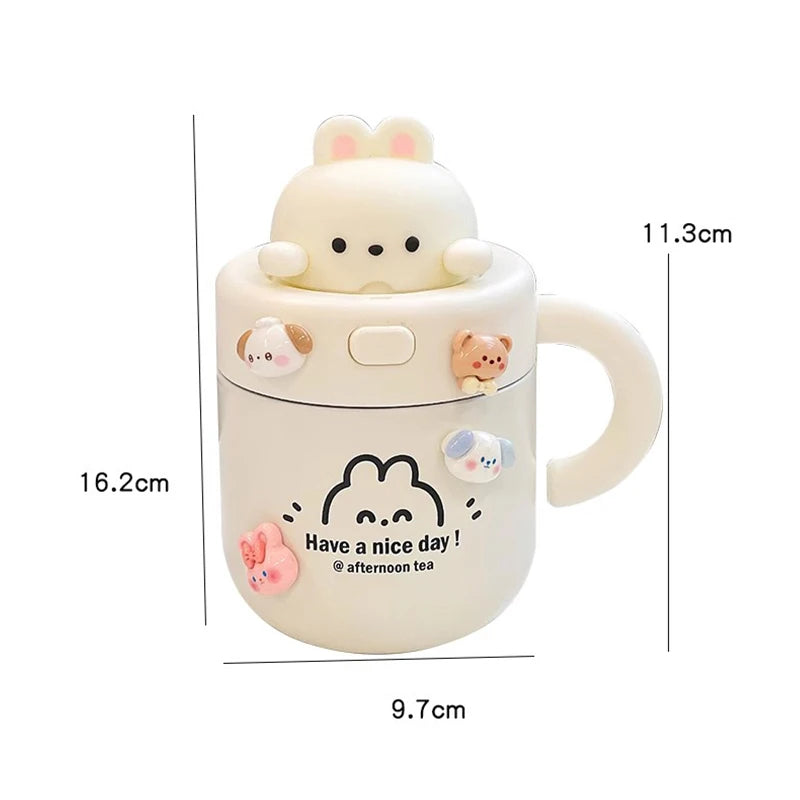 Kawaii Bear Coffee Thermal Cup Insulated Tumbler For Hot Cold Drinks Water Tea Thermos Mug Stainless Steel Cup With Straw Lid