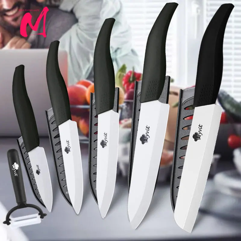 Ceramic Knives Set Kitchen knives 3 4 5 6 inch Chef knife +peeler with holder white zirconia blade Multi-color Handle