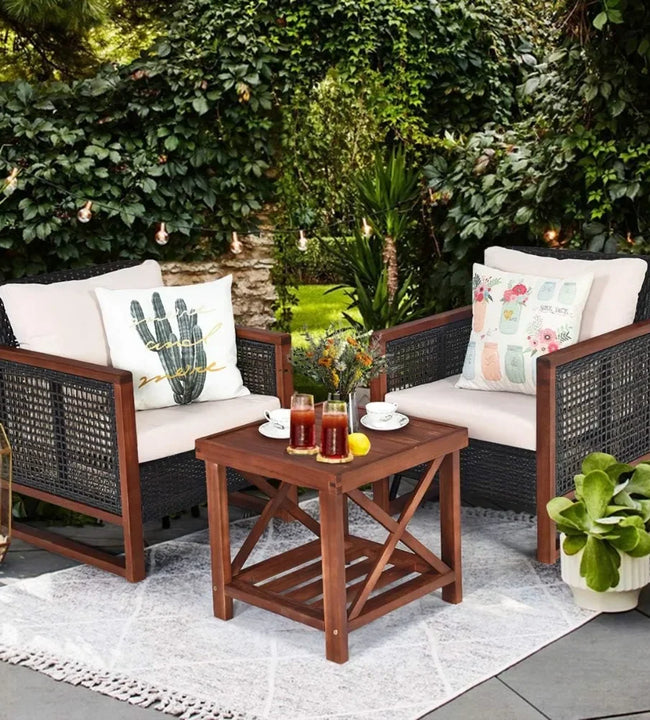 3 Pieces Patio Wicker Furniture Set, Rattan Outdoor Sofa Set w/Washable Cushion & Acacia Wood Coffee Table, for Garden Backyard