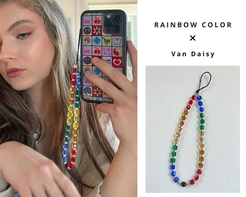 Van Daisy Kpop Y2K  Mobile Phone Chain Square Crystal Beaded Cell Phone Anti-lost Strap Lanyard for Phone Case Cord Key Chain