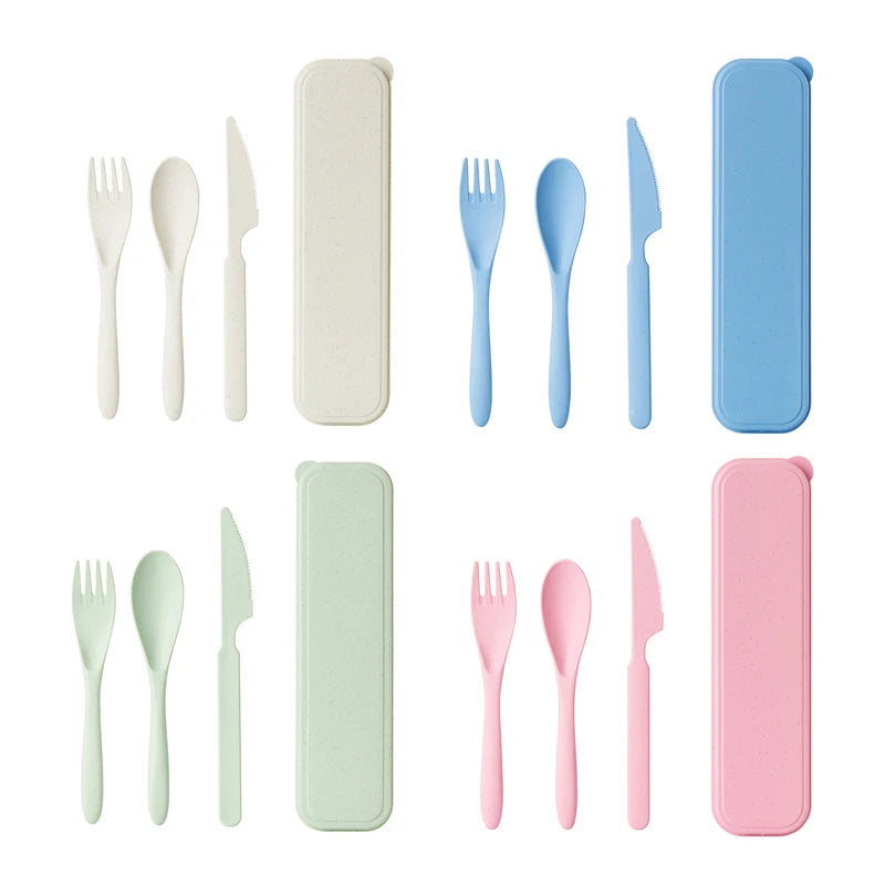 3Pcs Wheat Straw Dinnerware Set Portable Tableware Knife Fork Spoon Eco-Friendly Travel Cutlery  Utensil Box Chopsticks