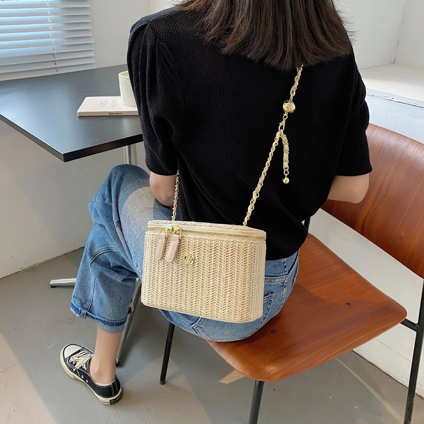 Mini Straw Bucket Crossbody bag For Women 2021 Summer Weave Women's Brand Handbags And Purses Fashion Chain Simple Shoulder Bags