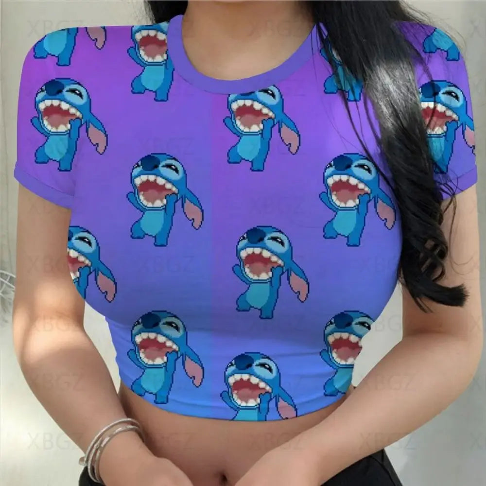 Sexy Kawaii Print Female Clothing Cartoon Y2k Party Stitch Summer Crop Top Slim Fit T Shirt Tight Women's T-shirt Fashion Disney