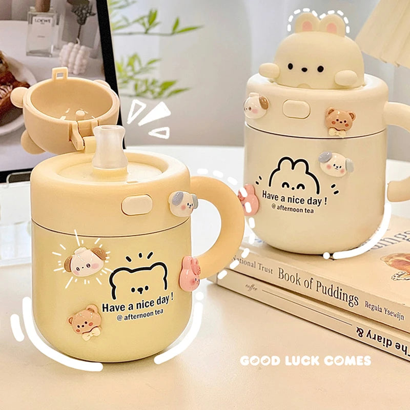 Kawaii Bear Coffee Thermal Cup Insulated Tumbler For Hot Cold Drinks Water Tea Thermos Mug Stainless Steel Cup With Straw Lid