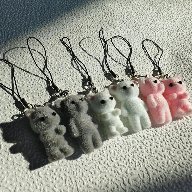 Cartoon Flocking Cat Pendant Phone Lanyard Cute Bear Doll Mobile Phone Strap Keychain For Girls Cell Phone Chain Accessories