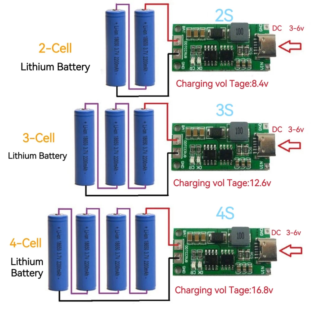 Multi-Cell 2S 3S 4S Type-C To 8.4V 12.6V 16.8V Step-Up Boost LiPo Polymer Li-Ion Charger 7.4V 11.1V 14.8V 18650 Lithium Battery