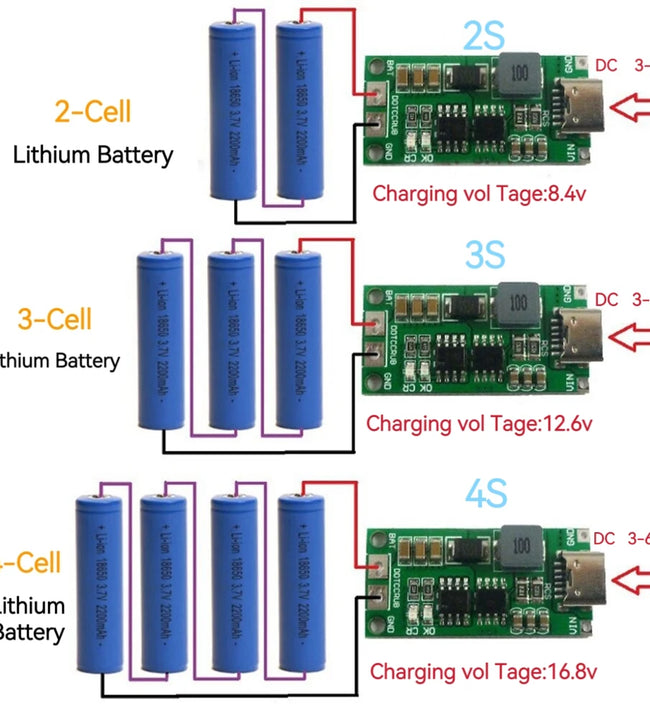 Multi-Cell 2S 3S 4S Type-C To 8.4V 12.6V 16.8V Step-Up Boost LiPo Polymer Li-Ion Charger 7.4V 11.1V 14.8V 18650 Lithium Battery