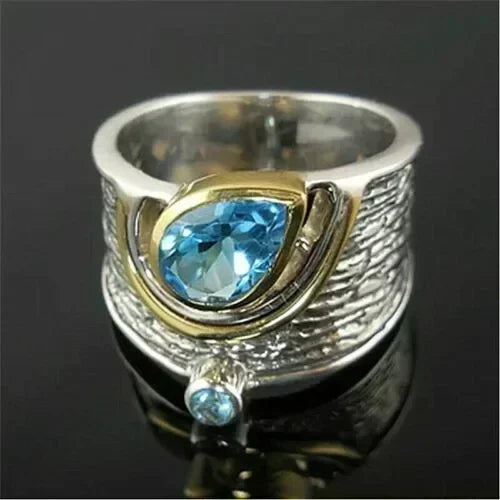 Vintage Thai Silver Color Luxury Women's Ring Creative Wide Fine Imitation Moonstone Ring Fashion Line Ring Jewelry Accessories