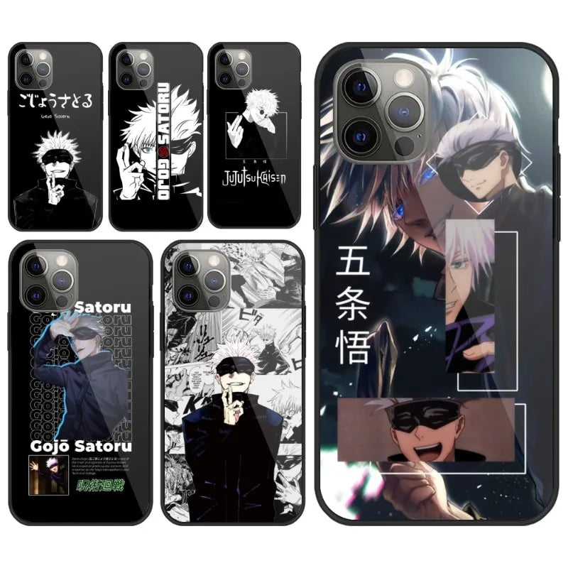 JJK Satoru Gojo Mobile Cell Phone Case for iPhone 15 14 13 12 11 XS X 8 7 6 Plus Mini Pro Max SE 2022 PC Glass Cover Funda