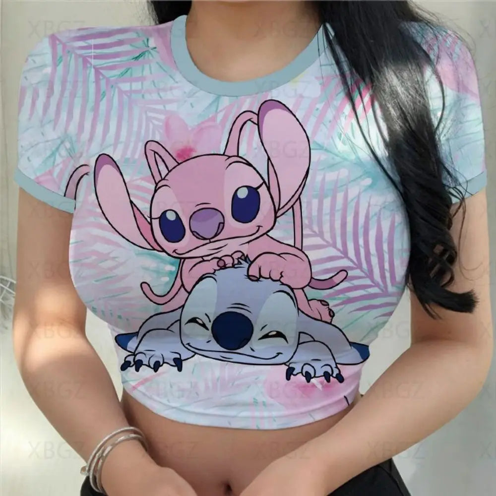 Sexy Kawaii Print Female Clothing Cartoon Y2k Party Stitch Summer Crop Top Slim Fit T Shirt Tight Women's T-shirt Fashion Disney