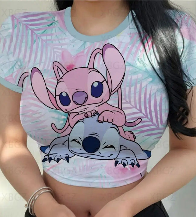 Sexy Kawaii Print Female Clothing Cartoon Y2k Party Stitch Summer Crop Top Slim Fit T Shirt Tight Women's T-shirt Fashion Disney