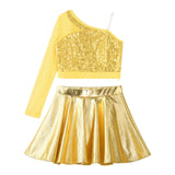 Kids Girls Hip Hop Jazz Dance Cheerleading Performance Costume Sheer Mesh One Shoulder Shiny Sequin Crop Top with Metallic Skirt