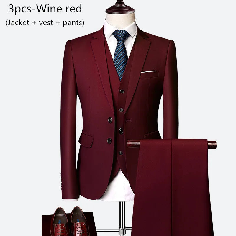 Luxury 3 piece men's wedding suit fashion men's slim solid color business office suit sets large size men Blazer+ pants + vest