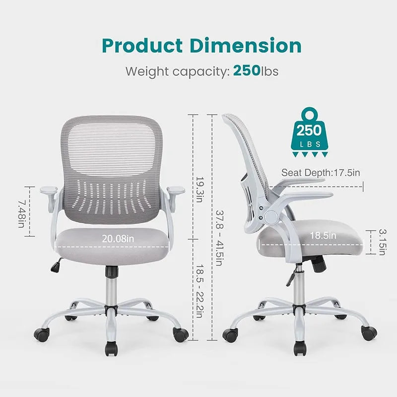 Office Ergonomic Mid-Back Mesh Swivel Task Chairs With Wheels, Lumbar Support, Flip-up Arms For Bedroom, Gaming, Study, Student