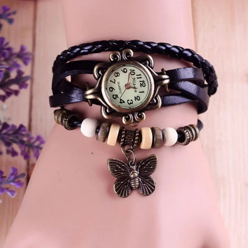 Women's Casual Vintage Multilayer Butterfly Faux Leather Bracelet Wrist Watch Ladies Female Clock Fashion Bracelet Watch