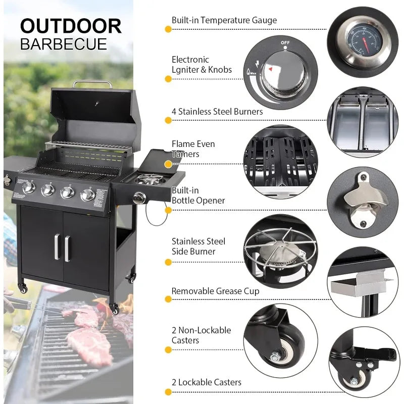 Propane Gas Grill 4 Burners with Side Burner Freestanding Grill Cart with Wheels for Outdoor Garden Cooking Barbecue Grill