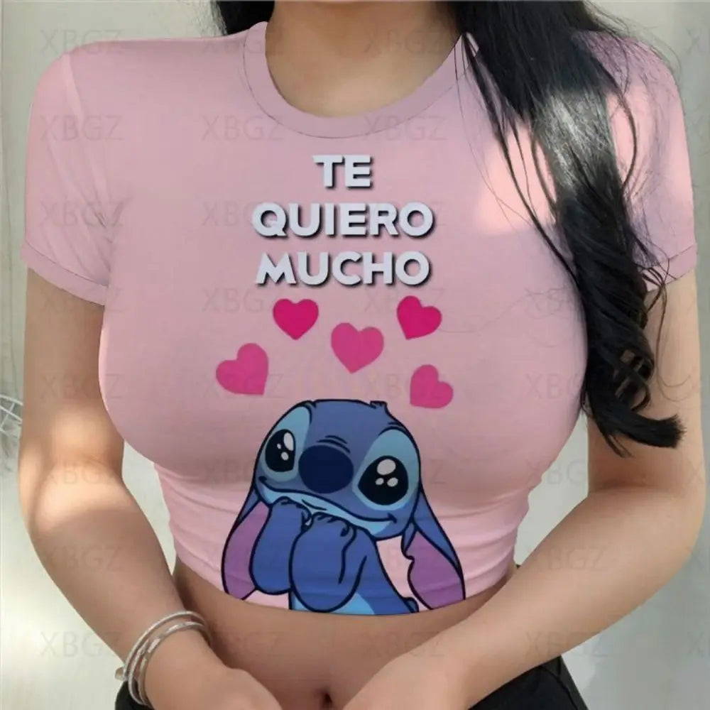 Sexy Kawaii Print Female Clothing Cartoon Y2k Party Stitch Summer Crop Top Slim Fit T Shirt Tight Women's T-shirt Fashion Disney