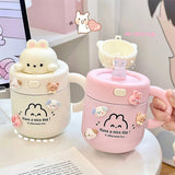 Kawaii Bear Coffee Thermal Cup Insulated Tumbler For Hot Cold Drinks Water Tea Thermos Mug Stainless Steel Cup With Straw Lid